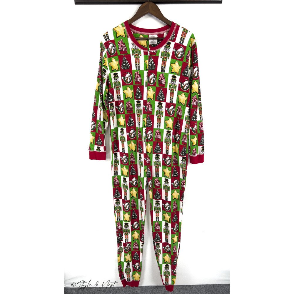 Bucee's Christmas Thermal Pajamas One Piece Union Suit Patchwork Unisex Size XL